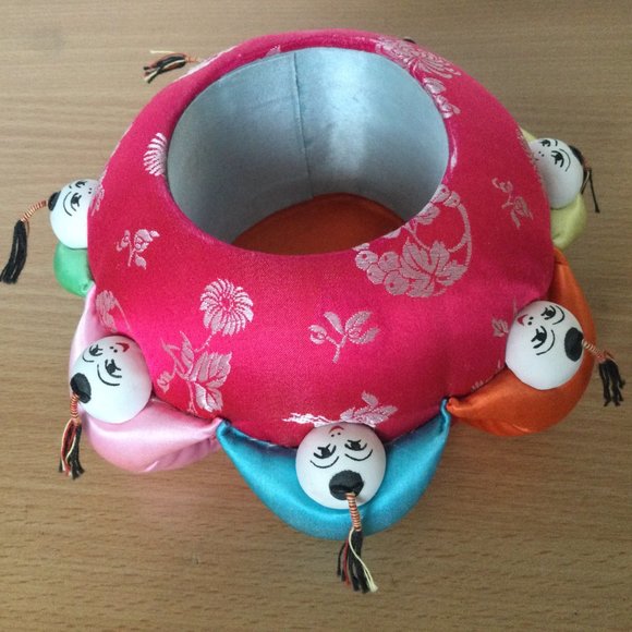 VTG Chinese Round Silk Pin Cushion jar red Painted 7 Children box31 - Picture 2 of 6